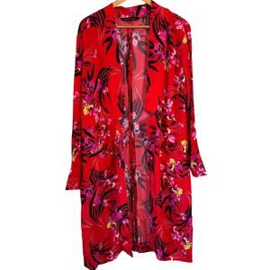 Colleen Lopez Red Floral Kimono Duster Sz M Pockets Long Sleeves Boho Resort